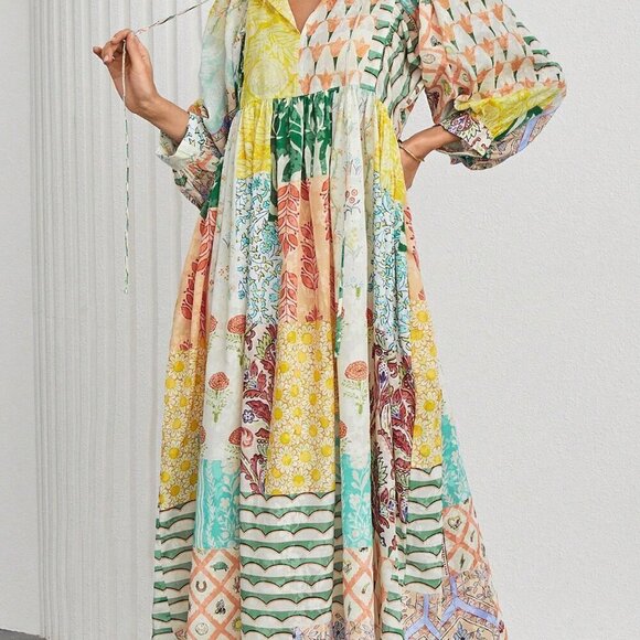 Yellow Boho Women's Bohemian Lantern Sleeve V Neck Tie Pockets Maxi Dress - Picture 5 of 6